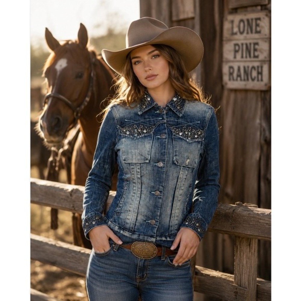 PARASUCO Embellished Distressed Denim Jacket Rhinestones Studded Pockets X-Small